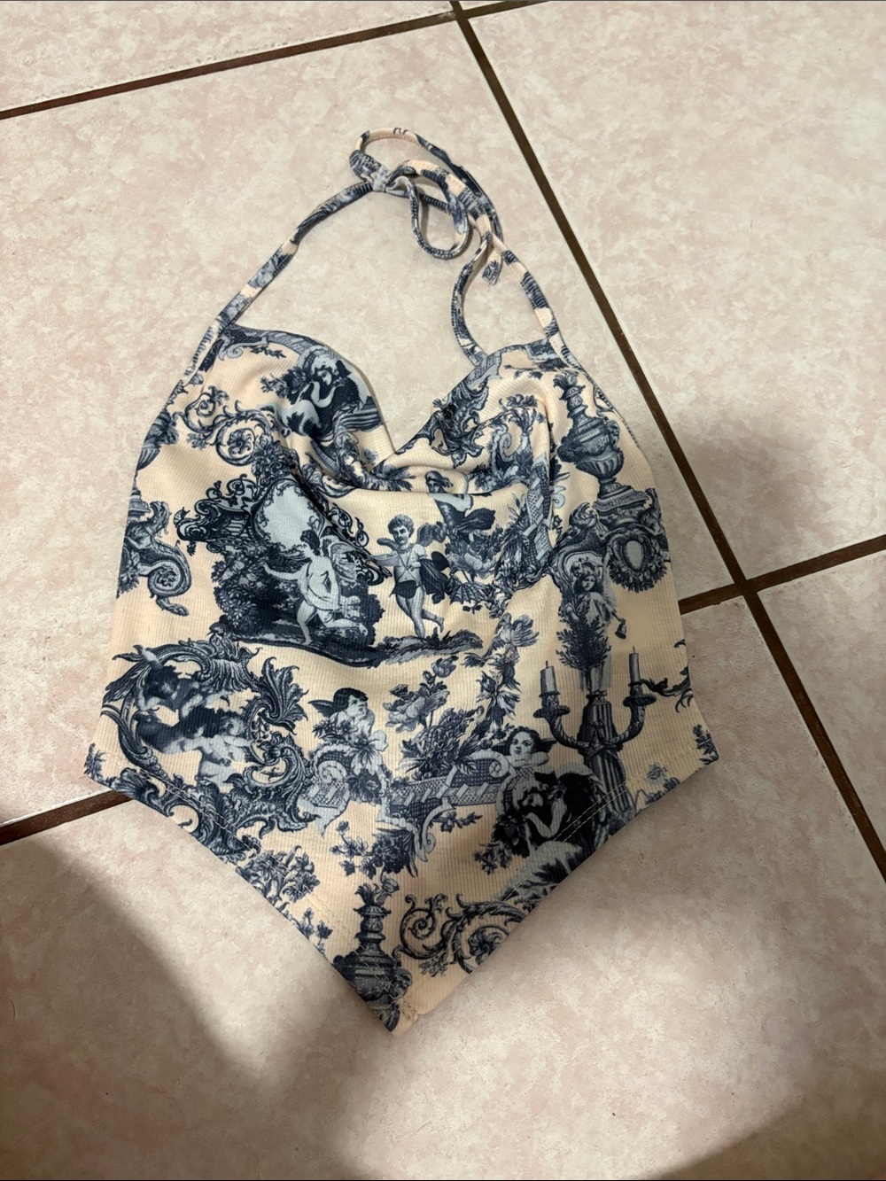 SHEIN Beige and Navy Blue Toile Halter Crop Top